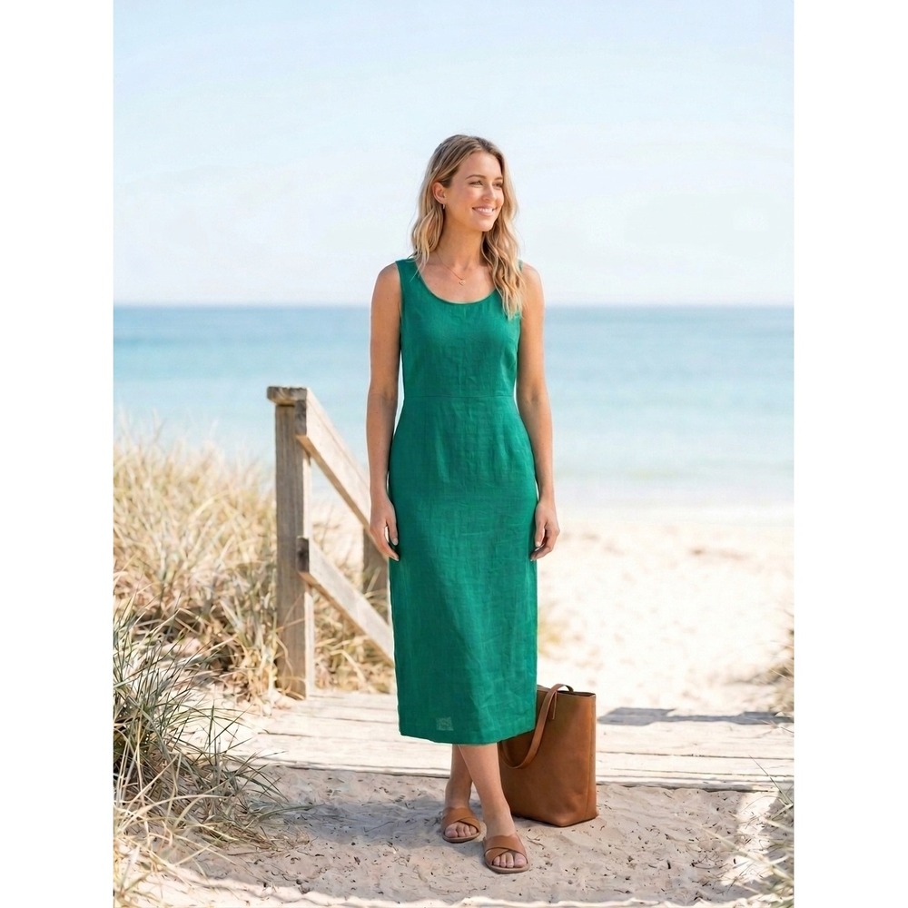 vintage Jessica Howard Green Linen Blend Sleeveless Midi Dress Sheath Size 10
